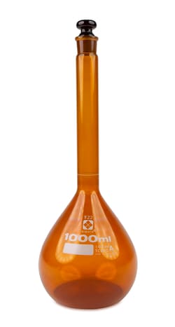 Vee Gee Volumetric Flask, Amber, Class A, Glass Stopper, 1000 mL, Quantity: