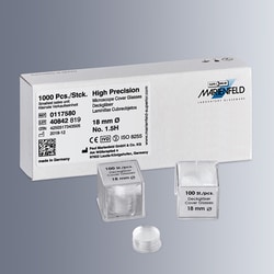 Electron Microscopy Sciences&nbsp;Marienfeld Superior&trade; Precision Cover Glass, Thickness No. 1.5H (tol ± 5 µm) for high-performance microscope objectives. This high-precision cover glass features exceptionally accurate thickness of 170 µm ± 5 µm.