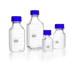 CHEMSCIENCE Square Glass Media/Storage Bottles, CLEAR, 500 mL, BLUE CAPS,PK/10,
