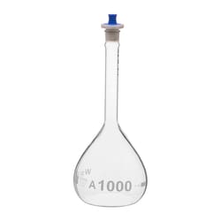 CHEMSCIENCE&nbsp;Volumetric Flask, 1000mL, Serialized and Certified, Heavy Duty, Wide Mouth, PE Stopper# 22, Class A,PK/4