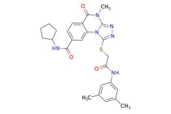 eMolecules​&nbsp;N-cyclopentyl-1-{[2-(3,5-dimethylanilino)-2-oxoethyl]sulfanyl}-4-methyl-5-oxo-4,5-dihydro[1,2,4]triazolo[4,3-a]quinazoline-8-carboxamide | ChemDiv SC |504.610 | C26H28N6O3SCc1cc(C)cc(NC(=O)CSc2nnc3n(C)c(=O)c4ccc(cc4n23)C(=O)NC2CCCC2)c1 | 2mg | 828115336