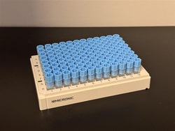 Nova Biostorage&nbsp;0.75ml 2D Data-Matrix Coded Screw Cap Tubes, Internal Thread V-Bottom, Precapped Light Blue Screw Caps, Micronic 96-2 Rack, High Cover, Barcoded A1-H1 Side, Gamma Irradiated, 40 Racks