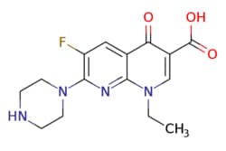 eMolecules​&nbsp;74011-58-8 | 1-Ethyl-6-fluoro-1,4-dihydro-4-oxo-7-(1-piperazinyl)-1,8-naphthyridine-3-carboxylic acid | AA Blocks LLC | MFCD00133308 | 320.324 | C15H17FN4O3 | 0.000 | CCn1cc(C(O)=O)c(=O)c2cc(F)c(nc12)N1CCNCC1 | 1g | 410185261