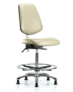 Fisherbrand™ Class 100 Vinyl Clean Room Chair - High Bench Height with Medium Back, Chrome Foot Ring, and Stationary Glides in Grade B Vinyl