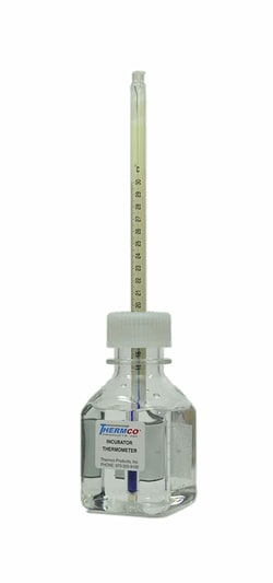Thermco Products Inc Incubator Enclosed Bottle Thermometer, 18/50C x 0.5C, Red Spirit, Bio-Safe Glycol/Water - 30 ml, Certified