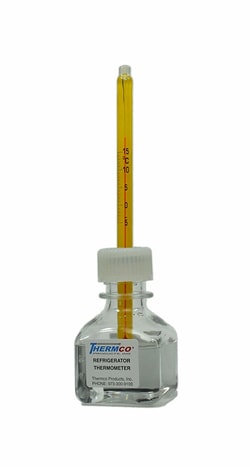 Thermco Products Inc Accu-Safe Enclosed Chamber Bottle thermometer, Refrigerator, Spirit, -5 deg./15 deg.C, 0.5 deg.C div, 125mm, 30ml bio-safe glycol/H2O