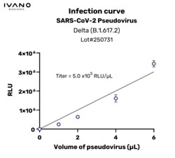 IVANO BIOSCIENCE&nbsp;Validated SARS-CoV-2 pseudovirus, Delta, B.1.617.2 variant, 100 µL of pseudovirus enables 100 reactions in a 96-well plate.