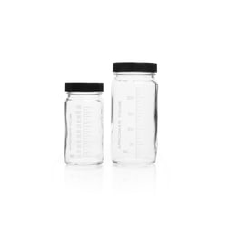 KIMBLE™ Clear Glass AC Medium Round Bottles, Corrugated Cartons with Divider Cells, Caps Bagged