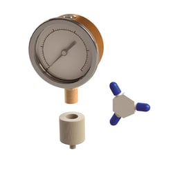 Ace Glass, Inc. Gauge, pressure, complete, 0-400psi, stainless steel internal materials, 1/4in male NPT bottom fitting, 2.5in diameter. Comes with one 13385-20 nylon adapter and one 12720-25, 3-way, PTFE tubing connector.
