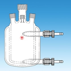 Ace Glass, Inc. 1000mL pressure vessel body, one-piece, jacketed, #25 center, (3) #15, (1) #7 side necks, round bottom, #11 Ace-Thred connections on jacket inlet/outlet, use 3/8in tubing.