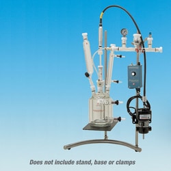 Ace Glass, Inc. 2000mL, one-piece jacketed pressure reactor with #25 center, (3)#15, (1)#7 side necks, #11 Ace-Thred inlet/outlet, complete with addition funnel, condenser, pressure manifold and stirring assembly
