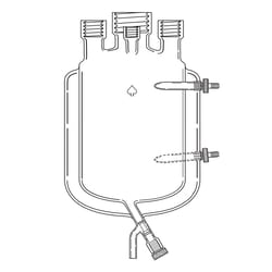 Ace Glass, Inc. 1000mL pressure vessel body, one-piece, jacketed, #25 center neck, (3) #15 and (1) #7 side necks, 0-8mm 28/15 ball joint bottom outlet, #11 Ace-Thred connection on jacket inlet/outlet for use with 3/8in ID tubing.