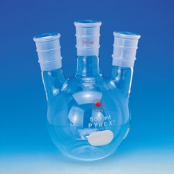Ace Glass, Inc.&nbsp;Flask, flat bottom, 500mL, three neck, 24/40 center, 24/40 sides