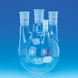 Ace Glass, Inc. Flask, round bottom, heavy wall, four neck, 3L, 24/40 center, (2)24/40, (1) 10/30 sides