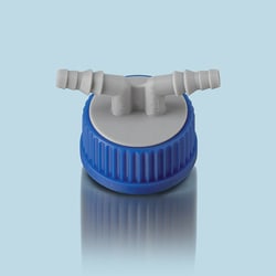 Ace Glass, Inc.&nbsp;Cap, GL45, swivel (2) hose connectors for use with 6-9mmtubing, polypropylene, Duran;, pk/2