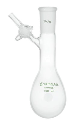 Chemglass Life Sciences 200mL Flask, Reaction, 14/20 Outer Joint, 2mm Glass Stopcock, Airfree, Schlenk