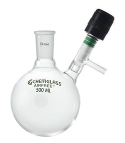 Chemglass Life Sciences 50mL Flask, Reaction, 14/20 Outer Joint, 0-4mm Valve, Airfree, Schlenk