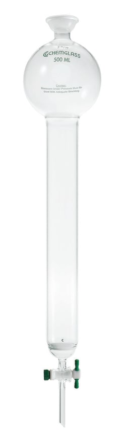 Chemglass Life Sciences Column, Chromatography, 35/20 Socket Joint, 500mL Reservoir, 1 1/2in ID X 12in E.L., 2mm Stopcock