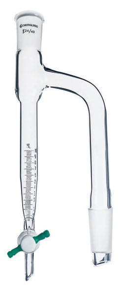 Chemglass Life Sciences&nbsp;Distilling Receiver, 2mL, Moisture Test, Barrett, 14/20 Joint Size, 2mm PTFE Stopcock , Approx. 225mm Height x 65mm Width
