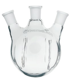 Chemglass Life Sciences&nbsp;Flask, Round Bottom, 250mL, Heavy Wall, 3-Neck, 14/20 CN - 14/20 SN's Angled 20°, Morton Indents