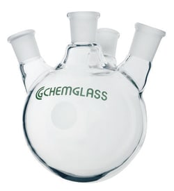 Chemglass Life Sciences Flask, Round Bottom, 25mL, Heavy Wall, 14/20 - 14/20, 4-Neck, Angled 20°