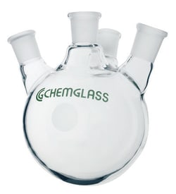 Chemglass Life Sciences&nbsp;Flask, Round Bottom, 50mL, Heavy Wall, 4-Neck, 14/20 CN - 14/20 SN's Angled 20°