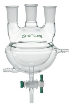 Chemglass Life Sciences&nbsp;Flask, Round Bottom, 5000mL, Heavy Wall, 3-Neck, 29/42 CN - 24/40 SNs, Vertical, Half Jacketed
