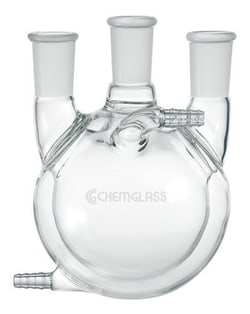 Chemglass Life Sciences&nbsp;Flask, Round Bottom, 500mL, Heavy Wall, 3-Neck, 29/42 CN - 24/40 SNs, Vertical, Jacketed