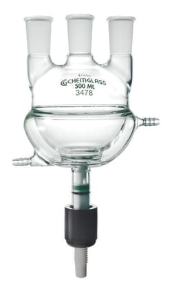 Chemglass Life Sciences&nbsp;500mL 3-Neck Round Bottom Flask (RBF) , Half Jacket, 1-CN 24/40 Outer, 2-SN 24/40 Outer, 6mm Drain Valve