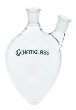 Chemglass Life Sciences&nbsp;25mL 2-Neck Pear Shaped Flask, 1-CN 14/20 Outer, 1-SN 14/20 Outer Angled 20°