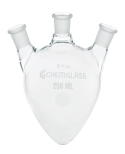 Chemglass Life Sciences&nbsp;250mL 3-Neck Pear Shaped Flask, 1-CN 14/20 Outer, 2-SN 14/20 Outer Angled 20°