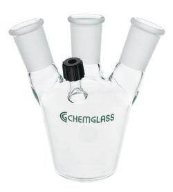 Chemglass Life Sciences 250mL 4-Neck European Flask, 1-CN 24/40 Outer, 2-SN 24/40 Outer Angled 20°, 1-SN #7 Chem-Thread