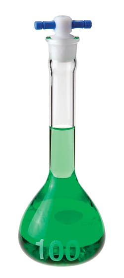 Chemglass Life Sciences Volumetric Flask, 250 +/- 0.20mL Capacity, #19 Stopper Size, Green Stopper Handle Color, Approx 250mm Height with Stopper