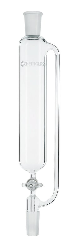 Chemglass Life Sciences 60mL Addition Funnel, 14/20 Joint Size, 2mm Glass Stopcock, 220mm OAH