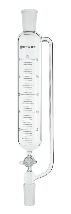 Chemglass Life Sciences 10mL Addition Funnel, Graduated, 14/20 Joint Size, 2mm Glass Stopcock, 210mm OAH