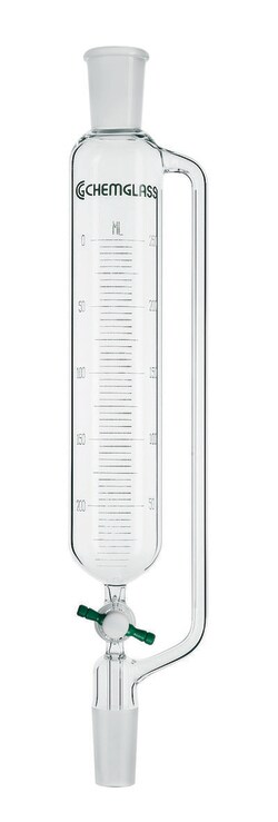 Chemglass Life Sciences 1000mL Addition Funnel, Graduated, 29/42 Joint Size, 4mm PTFE Stopcock, 535mm OAH