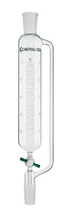 Chemglass Life Sciences 125mL Addition Funnel, Graduated, 29/26 Joint Size, 2mm PTFE Stopcock, 295mm OAH