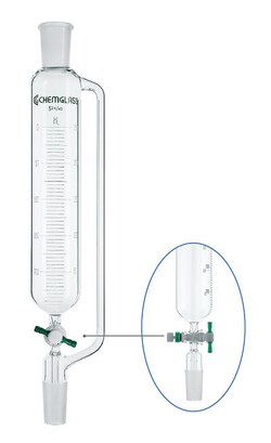 Chemglass Life Sciences 1000mL Addition Funnel, Graduated, 29/42 Joint Size, 4mm PTFE Metering Stopcock, 535mm OAH