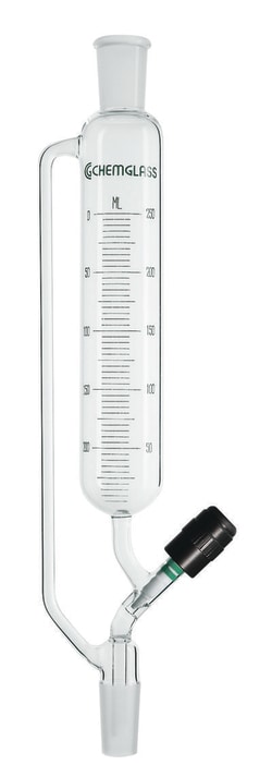 Chemglass Life Sciences 1000mL Addition Funnel, Graduated, 24/40 Joint Size, 0-4mm PTFE Valve, 550mm OAH
