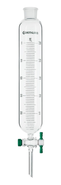 Chemglass Life Sciences 500mL Cylindrical Separatory Funnel, Graduated, #27 Outer Stopper Neck, 4mm Stpk, 415mm OAH