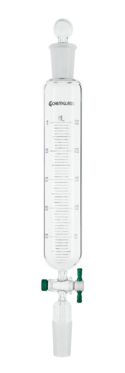 Chemglass Life Sciences 25mL Cylindrical Separatory Funnel, Graduated, 14/20 Joint Size, 2mm Stpk, 195mm OAH