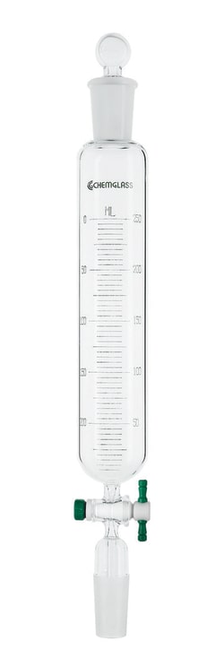 Chemglass Life Sciences&nbsp;50mL Cylindrical Separatory Funnel, Graduated, 14/20 Joint Size, 2mm Stpk, 225mm OAH