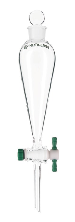 Chemglass Life Sciences 3000mL Separatory Funnel, Squibb, #38 Outer Stopper Neck, 8mm PTFE Stpk