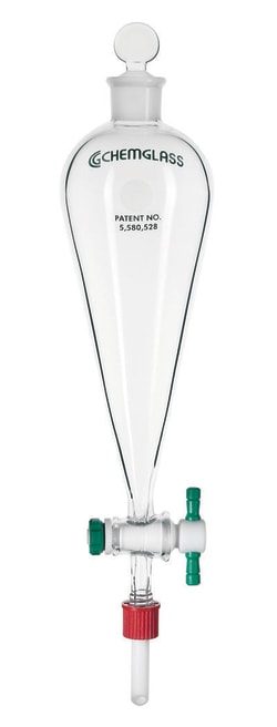 Chemglass Life Sciences Funnel, Sep, Squibb, 125mL, 2mm PTFE Stpk, 24/40 Outer, with Detachable GL-14 TFE Drip Tip, Glass Stopper