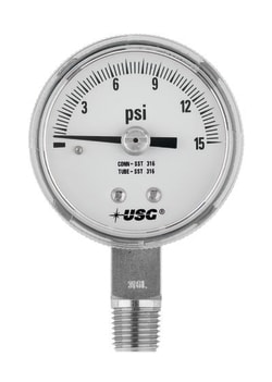 Chemglass Life Sciences Gauge, Pressure, S.S. Connection and Case, 0-15 PSI, 1/4