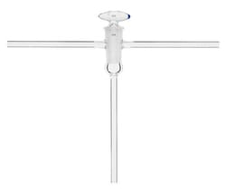 Chemglass Life Sciences&nbsp;Stopcock, T-Type, Hollow Glass Plug, High Vacuum, 4mm Bore, 17.35/50 Plug Size, 10mm OD Sidearms