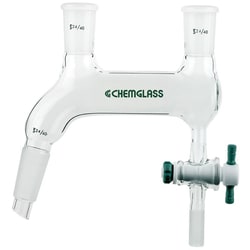 Chemglass Life Sciences&nbsp;Distilling Adapter, Double, 10° Angled Side Neck, 24/40 Joint, 6mm PTFE Stopcock, 1/2