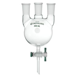 Chemglass Life Sciences 2000mL 3-Neck Round Bottomed Flask, 1-CN 24/40 Outer, 2-SN 24/40 Outer, 4mm Stpk Drain