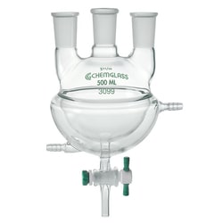 Chemglass Life Sciences&nbsp;Flask, Round Bottom, 500mL, Heavy Wall, 3-Neck, 29/42 CN - 24/40 SNs, Vertical, Half Jacketed