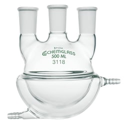 Chemglass Life Sciences Flask, Round Bottom, 100mL, Heavy Wall, 29/42 - 24/40, 3-Neck, Vertical, Half Jacketed